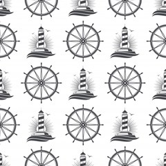 Marine Nautical Seamless Pattern With Vintage Lighthouse Wheel Play Mat (rectangle) by Bedest
