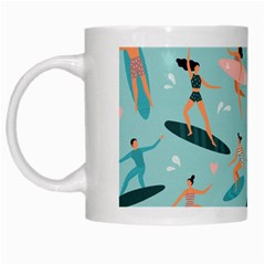 Beach Surfing Surfers With Surfboards Surfer Rides Wave Summer Outdoors Surfboards Seamless Pattern White Mug by Bedest