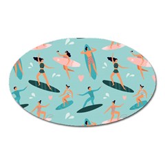 Beach Surfing Surfers With Surfboards Surfer Rides Wave Summer Outdoors Surfboards Seamless Pattern Oval Magnet by Bedest