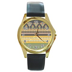 Seamless Pattern Egyptian Ornament With Lotus Flower Round Gold Metal Watch