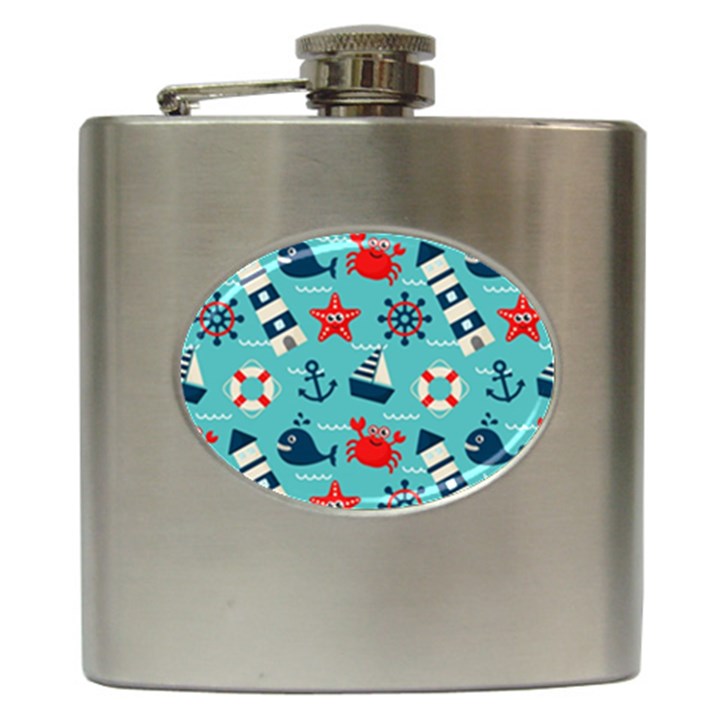 Seamless Pattern Nautical Icons Cartoon Style Hip Flask (6 oz)