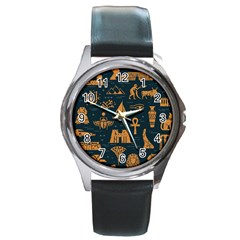 Dark Seamless Pattern Symbols Landmarks Signs Egypt Art Round Metal Watch