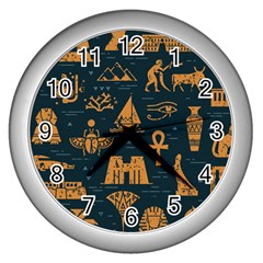 Dark Seamless Pattern Symbols Landmarks Signs Egypt Art Wall Clock (silver)