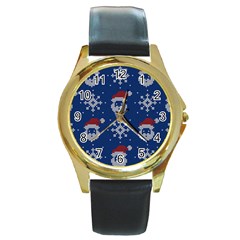 Santa Clauses Wallpaper Round Gold Metal Watch