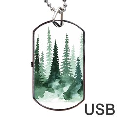 Tree Watercolor Painting Pine Forest Dog Tag USB Flash (Two Sides)