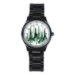 Tree Watercolor Painting Pine Forest Stainless Steel Round Watch