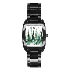 Tree Watercolor Painting Pine Forest Stainless Steel Barrel Watch