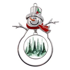 Tree Watercolor Painting Pine Forest Metal Snowman Ornament
