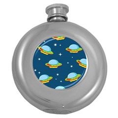 Seamless Pattern Ufo With Star Space Galaxy Background Round Hip Flask (5 Oz)