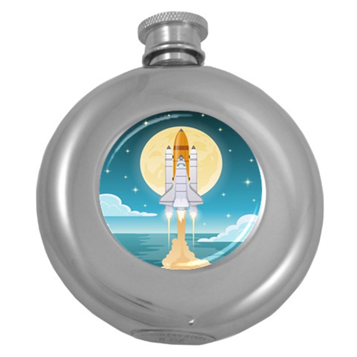 Space Exploration Illustration Round Hip Flask (5 oz)