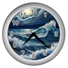 Waves Storm Sea Wall Clock (silver) by Bedest