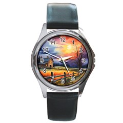 Rural Farm Fence Pathway Sunset Round Metal Watch by Bedest