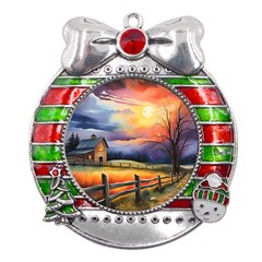 Rural Farm Fence Pathway Sunset Metal X mas Ribbon With Red Crystal Round Ornament