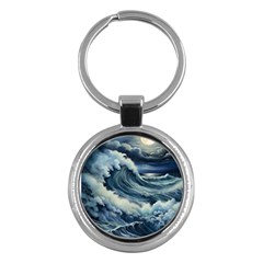 Waves Storm Sea Moon Landscape Key Chain (round) by Bedest
