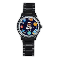 Boy Spaceman Space Rocket Ufo Planets Stars Stainless Steel Round Watch by Ndabl3x