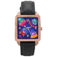 Cartoon Funny Aliens With Ufo Duck Starry Sky Set Rose Gold Leather Watch  by Ndabl3x