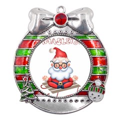 Santa Glasses Yoga Chill Vibe Metal X Mas Ribbon With Red Crystal Round Ornament