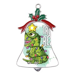 Dinosaur T-rex Dino Tyrannasaurus Metal Holly Leaf Bell Ornament