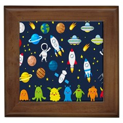 Big Set Cute Astronauts Space Planets Stars Aliens Rockets Ufo Constellations Satellite Moon Rover V Framed Tile