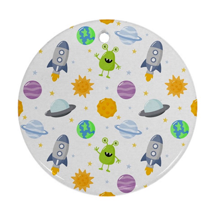 Seamless Pattern Cartoon Space Planets Isolated White Background Ornament (Round)
