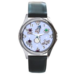 Seamless Pattern With Space Theme Round Metal Watch by Hannah976