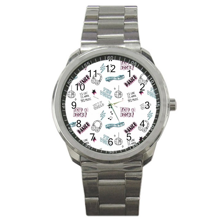 Music Themed Doodle Seamless Background Sport Metal Watch