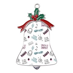 Music Themed Doodle Seamless Background Metal Holly Leaf Bell Ornament by Hannah976