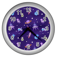 Space Seamless Pattern Wall Clock (silver)