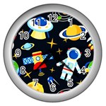 Space Seamless Pattern Cartoon Art Wall Clock (Silver) Front