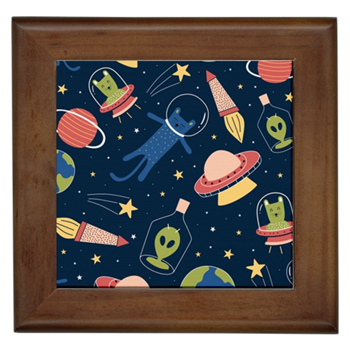 Seamless Pattern With Funny Aliens Cat Galaxy Framed Tile
