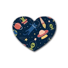 Seamless Pattern With Funny Aliens Cat Galaxy Rubber Heart Coaster (4 Pack)