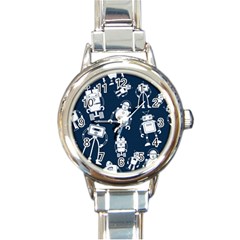 White Robot Blue Seamless Pattern Round Italian Charm Watch