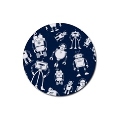 White Robot Blue Seamless Pattern Rubber Round Coaster (4 Pack)