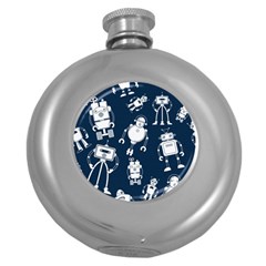 White Robot Blue Seamless Pattern Round Hip Flask (5 Oz)