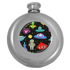 Seamless Pattern With Space Objects Ufo Rockets Aliens Hand Drawn Elements Space Round Hip Flask (5 oz)