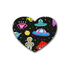 Seamless Pattern With Space Objects Ufo Rockets Aliens Hand Drawn Elements Space Rubber Coaster (Heart)