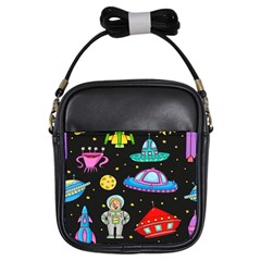 Seamless Pattern With Space Objects Ufo Rockets Aliens Hand Drawn Elements Space Girls Sling Bag