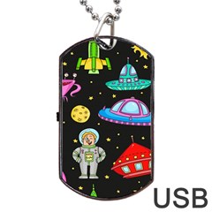 Seamless Pattern With Space Objects Ufo Rockets Aliens Hand Drawn Elements Space Dog Tag USB Flash (Two Sides)