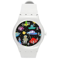 Seamless Pattern With Space Objects Ufo Rockets Aliens Hand Drawn Elements Space Round Plastic Sport Watch (M)