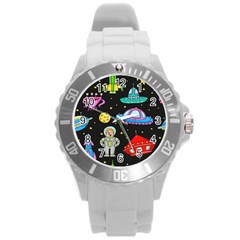 Seamless Pattern With Space Objects Ufo Rockets Aliens Hand Drawn Elements Space Round Plastic Sport Watch (L)