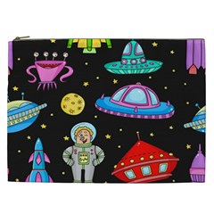 Seamless Pattern With Space Objects Ufo Rockets Aliens Hand Drawn Elements Space Cosmetic Bag (XXL)