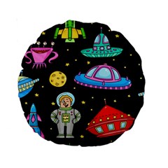 Seamless Pattern With Space Objects Ufo Rockets Aliens Hand Drawn Elements Space Standard 15  Premium Round Cushions