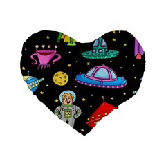 Seamless Pattern With Space Objects Ufo Rockets Aliens Hand Drawn Elements Space Standard 16  Premium Heart Shape Cushions by Hannah976