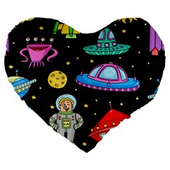 Seamless Pattern With Space Objects Ufo Rockets Aliens Hand Drawn Elements Space Large 19  Premium Heart Shape Cushions