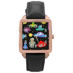 Seamless Pattern With Space Objects Ufo Rockets Aliens Hand Drawn Elements Space Rose Gold Leather Watch 