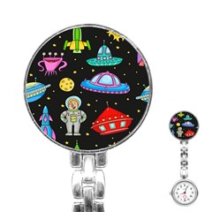 Seamless Pattern With Space Objects Ufo Rockets Aliens Hand Drawn Elements Space Stainless Steel Nurses Watch