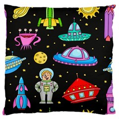 Seamless Pattern With Space Objects Ufo Rockets Aliens Hand Drawn Elements Space Large Premium Plush Fleece Cushion Case (two Sides) by Hannah976