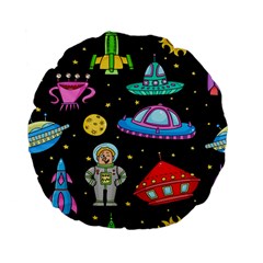 Seamless Pattern With Space Objects Ufo Rockets Aliens Hand Drawn Elements Space Standard 15  Premium Flano Round Cushions