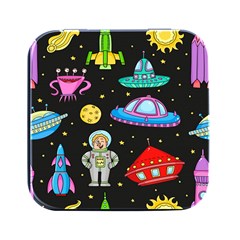 Seamless Pattern With Space Objects Ufo Rockets Aliens Hand Drawn Elements Space Square Metal Box (Black)