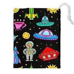 Seamless Pattern With Space Objects Ufo Rockets Aliens Hand Drawn Elements Space Drawstring Pouch (5XL)